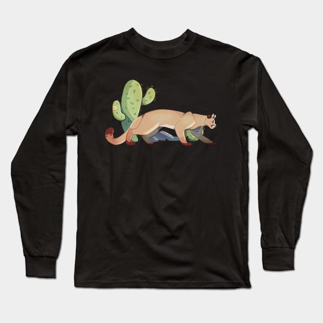 Mountain Lion With Cactus Long Sleeve T-Shirt by larkspurhearts
